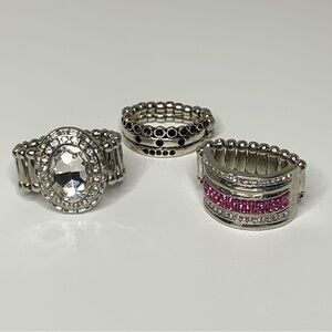 Glam and Glitz Rhinestone Pink Red Silver Tone Stretchy Fashion Rings Lot of 3